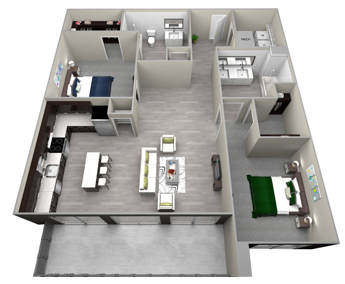 Floor plan for 2 beds, 2 baths, 1449 sqft